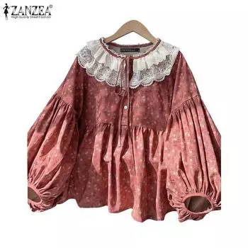 ZANZEA Женская повседневная кружевная блузка с круглым вырезом и длинным рукавом с цветочным принтом S хаки