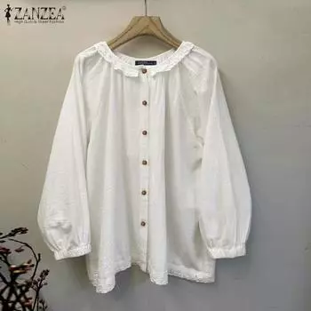 ZANZEA Женская повседневная кружевная блузка с круглым вырезом и длинным рукавом S белый