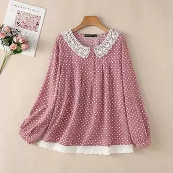 ZANZEA Женская повседневная кружевная блузка с круглым вырезом и длинным рукавом M зелёный