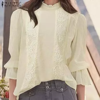 ZANZEA Женская повседневная кружевная блузка с круглым вырезом и длинным рукавом в стиле пэчворк S розовый