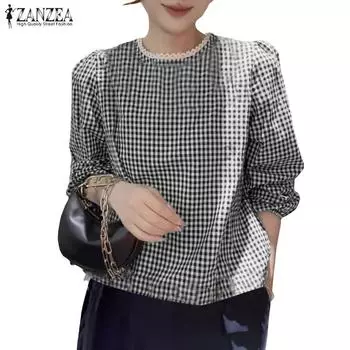 ZANZEA Женская повседневная кружевная блузка с круглым вырезом и длинным рукавом в клетку S чёрный