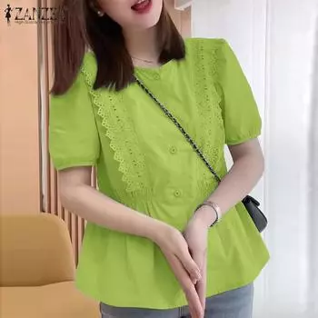 ZANZEA Женская повседневная кружевная блузка с круглым вырезом и коротким рукавом серый
