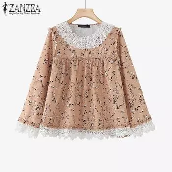 ZANZEA Женская повседневная кружевная блузка с круглым вырезом и длинным рукавом с принтом S хаки