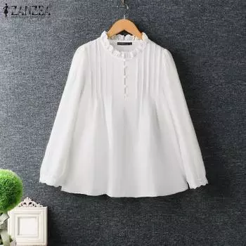 ZANZEA Женская повседневная кружевная блузка с круглым вырезом и длинным рукавом S белый