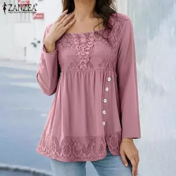 ZANZEA Женская повседневная кружевная блузка с квадратным воротником и длинным рукавом в стиле пэчворк 4XL розовый