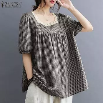 ZANZEA Женская повседневная кружевная блузка с квадратным воротником и короткими рукавами в клетку S коричневый