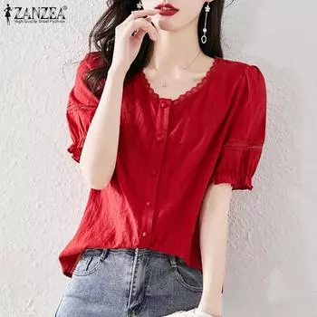 ZANZEA Женская повседневная кружевная блузка с v-образным вырезом и короткими рукавами