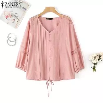 ZANZEA Женская повседневная кружевная блузка свободного кроя с рукавом 3/4 S белый