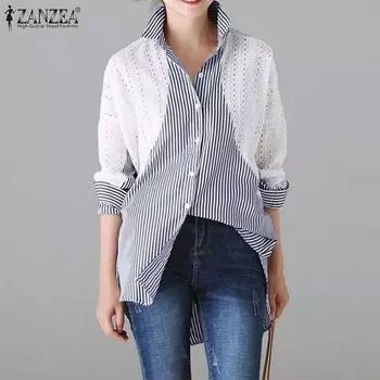 ZANZEA Женская повседневная кружевная блузка в полоску с длинным рукавом в стиле пэчворк S темно-синий