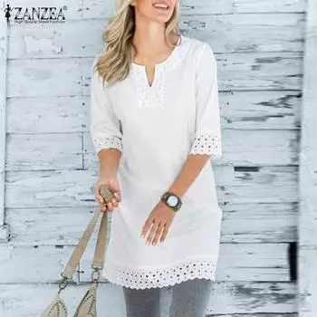 ZANZEA Женская повседневная кружевная летняя блузка с v-образным вырезом и половиной рукавов M темно-синий
