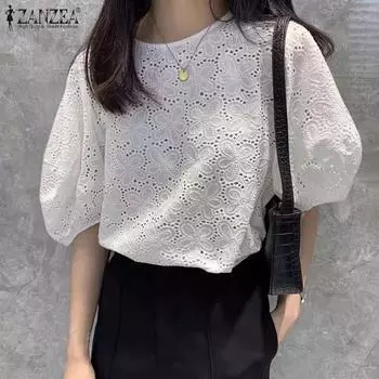 ZANZEA Женская повседневная кружевная летняя блузка с коротким рукавом S хаки