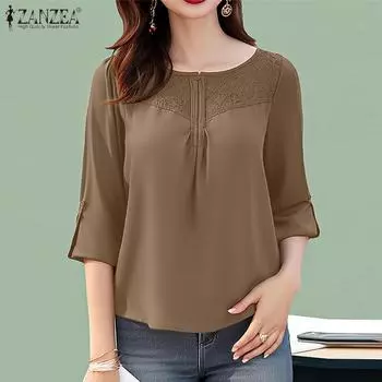 ZANZEA Женская повседневная кружевная лоскутная блузка с круглым вырезом и рукавами 3/4