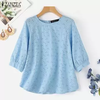 ZANZEA Женская повседневная кружевная лоскутная блузка с круглым вырезом и рукавами 3/4