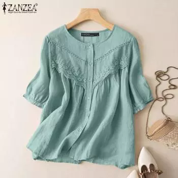 ZANZEA Женская повседневная кружевная лоскутная блузка с круглым вырезом и половиной рукавов M зелёный