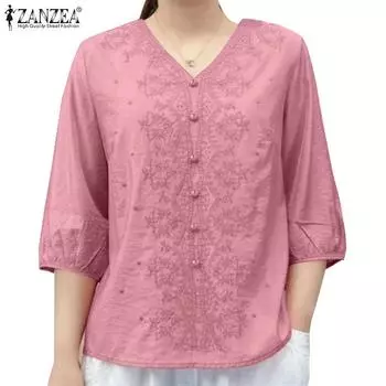 ZANZEA Женская повседневная кружевная лоскутная блузка с v-образным вырезом и рукавами 3/4