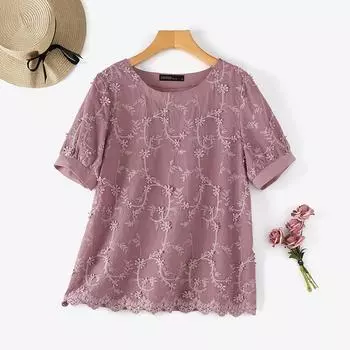 ZANZEA Женская повседневная кружевная лоскутная блузка с круглым вырезом и короткими рукавами M белый