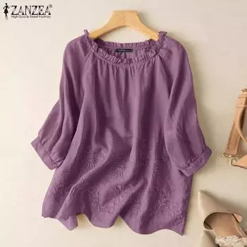 ZANZEA Женская повседневная кружевная лоскутная блузка с круглым вырезом и рукавами 3/4 M зелёный