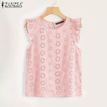 ZANZEA Женская повседневная кружевная лоскутная летняя блузка с круглым вырезом и коротким рукавом XL