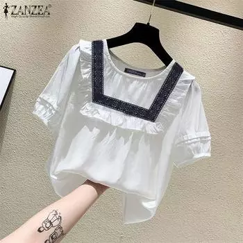 ZANZEA Женская повседневная кружевная лоскутная летняя блузка с коротким рукавом S темно-синий