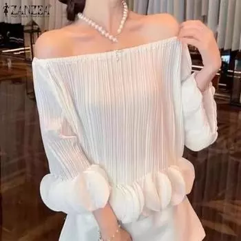 ZANZEA Женская повседневная кружевная однотонная свободная блузка с открытыми плечами и рукавами 3/4