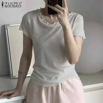 ZANZEA Женская повседневная кружевная однотонная свободная пижамная футболка с круглым вырезом и коротким рукавом