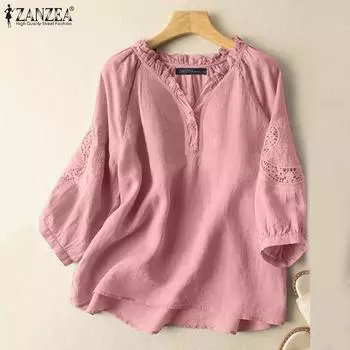 ZANZEA Женская повседневная кружевная свободная блузка с v-образным вырезом и рукавами 3/4 в стиле пэчворк S жёлтый