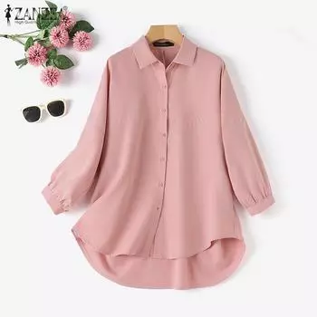 ZANZEA Женская повседневная летняя асимметричная блузка с отложным воротником и рукавами 3/4