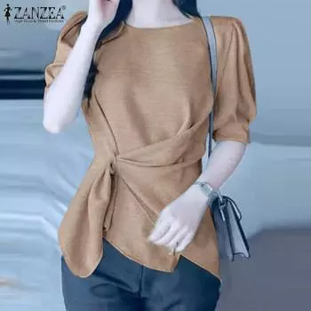 ZANZEA Женская повседневная летняя бандажная блузка с коротким рукавом S темно серый