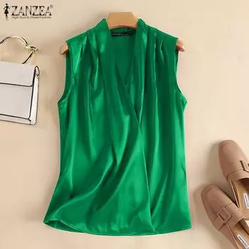 ZANZEA Женская повседневная летняя блузка без рукавов с v-образным вырезом M зелёный