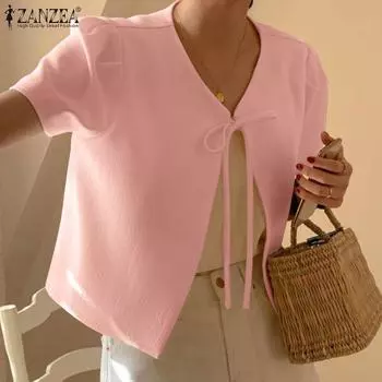 ZANZEA Женская повседневная летняя блузка-кардиган с коротким рукавом на шнуровке 3XL бежевый