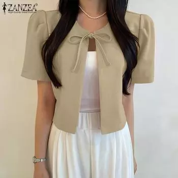 ZANZEA Женская повседневная летняя блузка-кардиган с круглым вырезом и шнуровкой S розовый