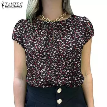 ZANZEA Женская повседневная летняя блузка с цветочным принтом и коротким рукавом S белый