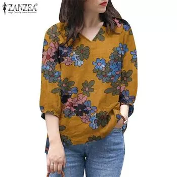 ZANZEA Женская повседневная летняя блузка с цветочным принтом и рукавами 3/4
