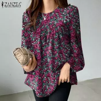 ZANZEA Женская повседневная летняя блузка с длинным рукавом и круглым вырезом с цветочным принтом S жёлтый