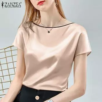 ZANZEA Женская повседневная летняя блузка с коротким рукавом и круглым вырезом, топы