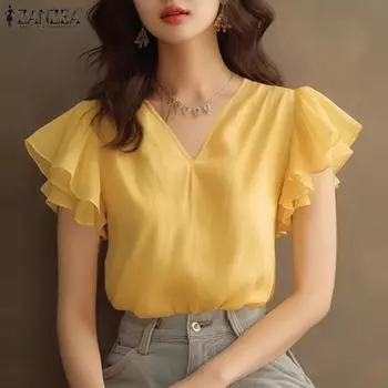 ZANZEA Женская повседневная летняя блузка с коротким рукавом и V-образным вырезом и оборками S жёлтый