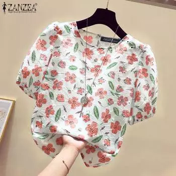 ZANZEA Женская повседневная летняя блузка с коротким рукавом и круглым вырезом с цветочным принтом 5XL жёлтый