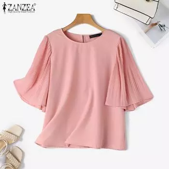 ZANZEA Женская повседневная летняя блузка с коротким рукавом и круглым вырезом M темно-синий