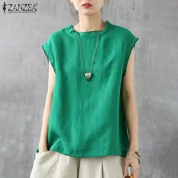 ZANZEA Женская повседневная летняя блузка с коротким рукавом и круглым вырезом S чёрный