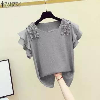 ZANZEA Женская повседневная летняя блузка с коротким рукавом и круглым вырезом в стиле пэчворк S чёрный