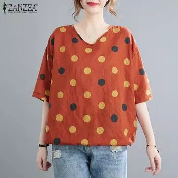 ZANZEA Женская повседневная летняя блузка с коротким рукавом в горошек S коричневый