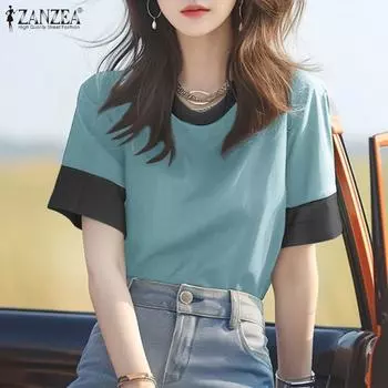 ZANZEA Женская повседневная летняя блузка с коротким рукавом и круглым вырезом в стиле пэчворк 4XL чёрный