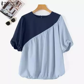 ZANZEA Женская повседневная летняя блузка с коротким рукавом и круглым вырезом в стиле пэчворк S