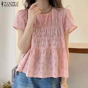 ZANZEA Женская повседневная летняя блузка с коротким рукавом и круглым вырезом S розовый