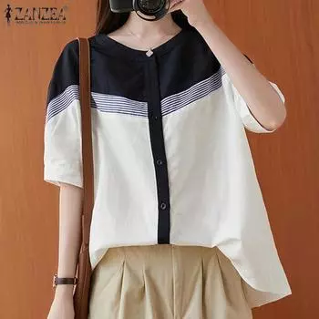 ZANZEA Женская повседневная летняя блузка с коротким рукавом и круглым вырезом в стиле пэчворк S белый