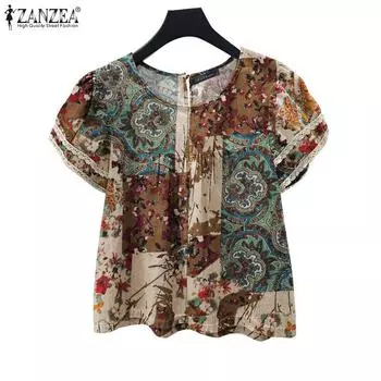 ZANZEA Женская повседневная летняя блузка с коротким рукавом и этническим принтом S красный