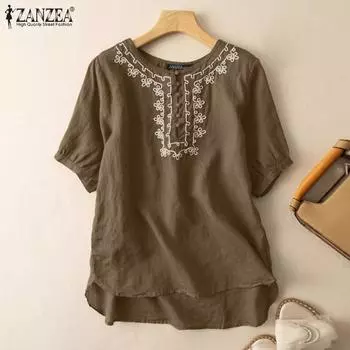 ZANZEA Женская повседневная летняя блузка с коротким рукавом и круглым вырезом с вышивкой S жёлтый