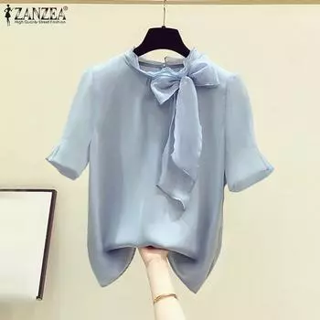 ZANZEA Женская повседневная летняя блузка с коротким рукавом и галстуком-бабочкой 5XL синий