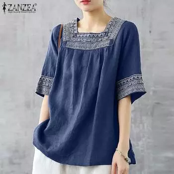 ZANZEA Женская повседневная летняя блузка с коротким рукавом и этнической вышивкой S красный