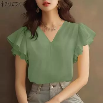 ZANZEA Женская повседневная летняя блузка с коротким рукавом и V-образным вырезом и оборками S фиолетовый